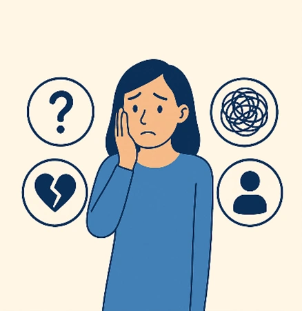 Illustration d’une femme préoccupée, la main sur la joue, entourée de symboles représentant la confusion, l’anxiété, la tristesse et les troubles relationnels. Cette image reflète les états émotionnels et les difficultés souvent à l’origine d’une démarche thérapeutique en TCC ou TCD.