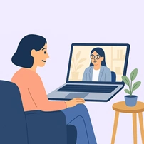 Illustration d’une femme en consultation à distance, assise confortablement face à son ordinateur portable. À l’écran, un·e professionnel·le de santé apparaît en visioconférence, illustrant la praticité et l’accessibilité de la thérapie en ligne.