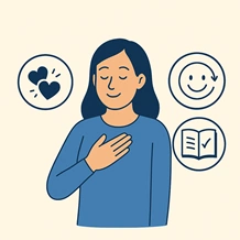 Illustration d’une femme sereine, les yeux fermés, une main posée sur le cœur, symbolisant la bienveillance envers soi-même. Autour d’elle, des icônes représentant l’amour propre, la pensée positive et le développement personnel renforcent le message de confiance et d’acceptation de soi.