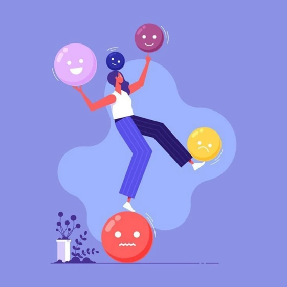 Une illustration symbolique de la régulation émotionnelle, montrant une femme qui accepte toutes les émotions et qui trouve un équilibre en régulant les différents types d’émotions, représentant les efforts de gestion des émotions au cœur de la thérapie comportementale et dialectique.