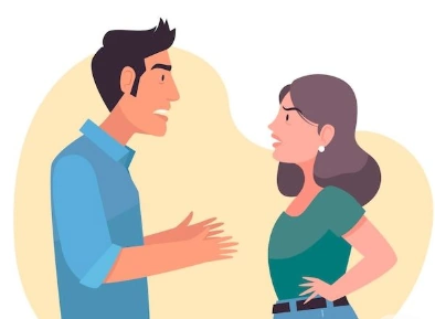 Illustration d’un couple en train de se disputer : un homme et une femme se font face avec des expressions de colère et des gestes marqués, représentant une situation de conflit conjugal.
