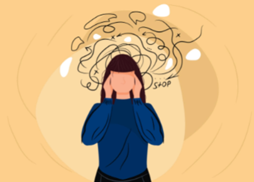 Illustration d’une personne se tenant la tête, les yeux fermés, avec des pensées enchevêtrées au-dessus de la tête symbolisant l’anxiété généralisée, le stress et le trop-plein mental.