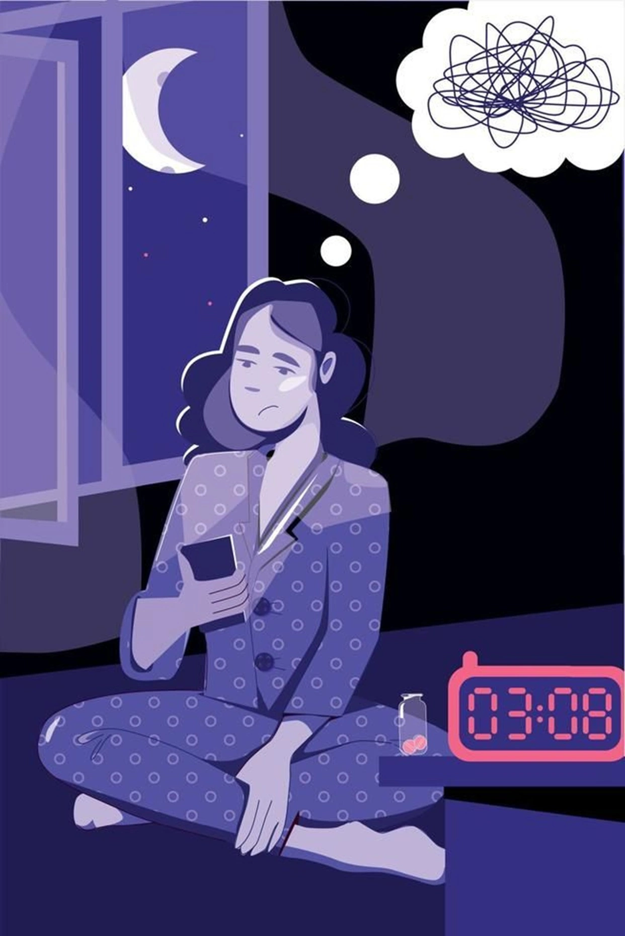 Illustration d’une femme éveillée en pleine nuit, assise sur son lit, regardant son téléphone. À travers la fenêtre, la lune éclaire la scène, tandis qu’un réveil indique 3h08 et qu’une bulle de pensée embrouillée traduit des ruminations.