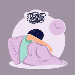 Illustration représentant une personne assise dans son lit, la tête penchée et le visage caché par le bras, évoquant la fatigue, l’épuisement et la détresse liés aux troubles du sommeil et à l’insomnie. Au-dessus d’elle, un enchevêtrement de lignes symbolise les pensées envahissantes et les ruminations nocturnes, tandis qu’une horloge rappelle les difficultés d’endormissement et les longues nuits d’éveil.